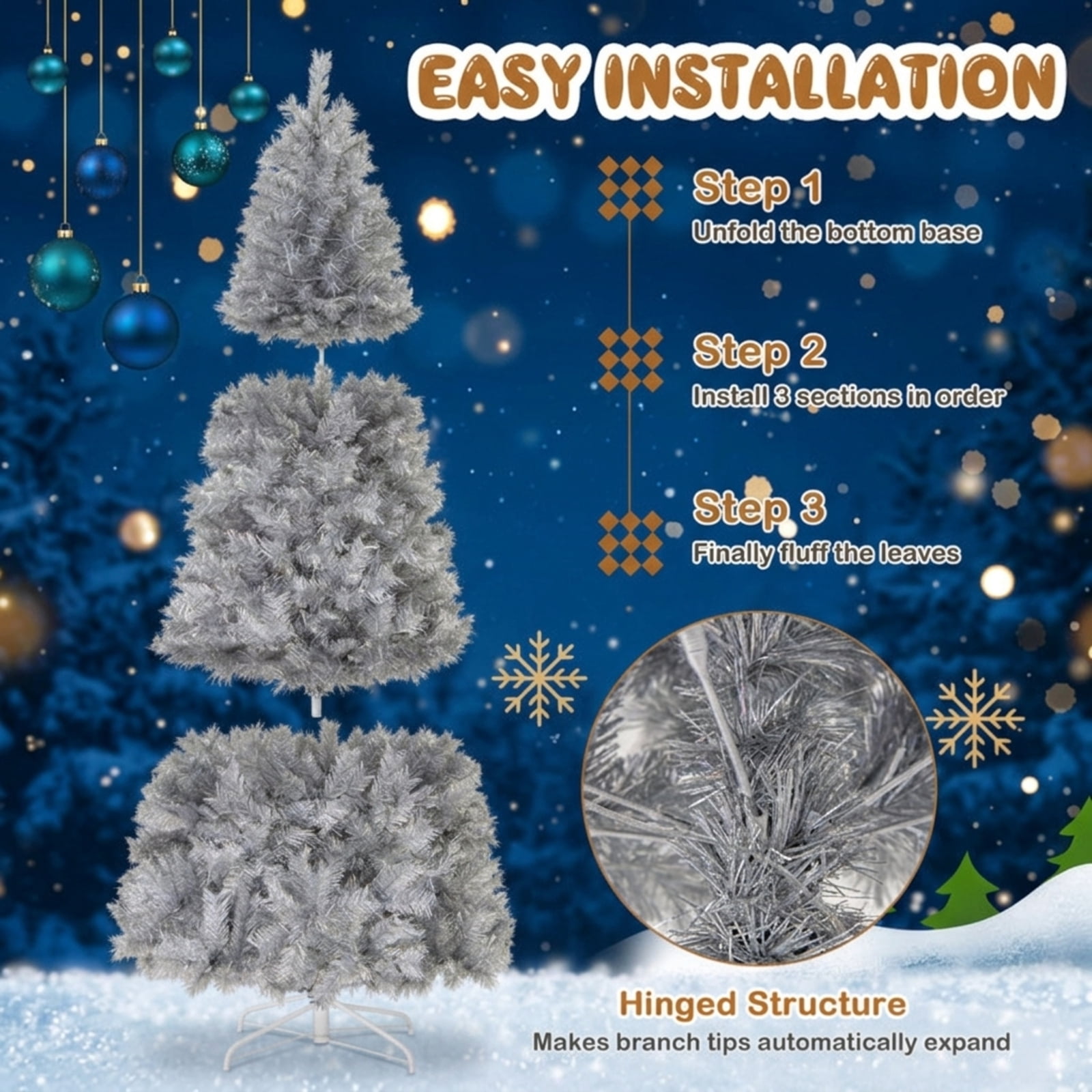 RUIE 7 ft Silver Christmas Tree, Tall Pre-Lit Artificial Tinsel Xmas Tree with 400 LED Lights and 807 Branch Tips for Living Room