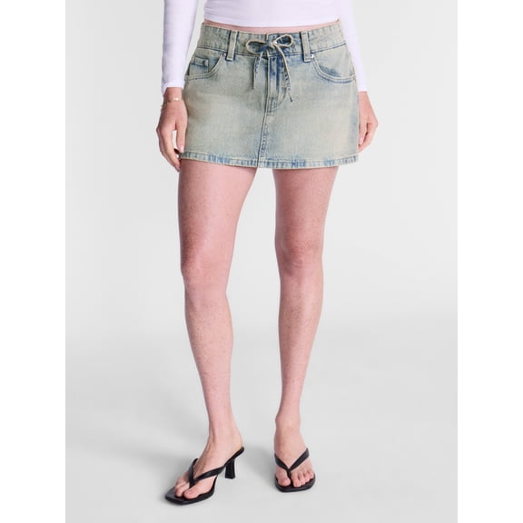 No Boundaries Self Tie Denim Cotton Mini Skort, Women’s XXS-XXL
