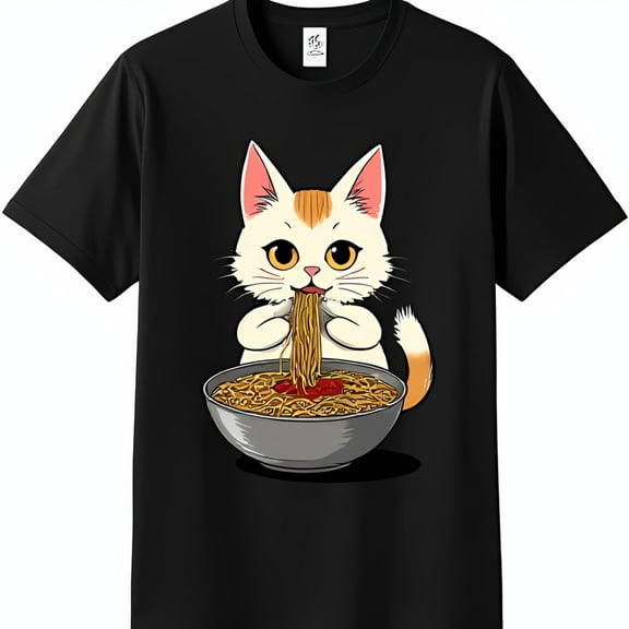 Funny Black T-Shirt with White Cat Enjoying Ramen Noodles Graphic