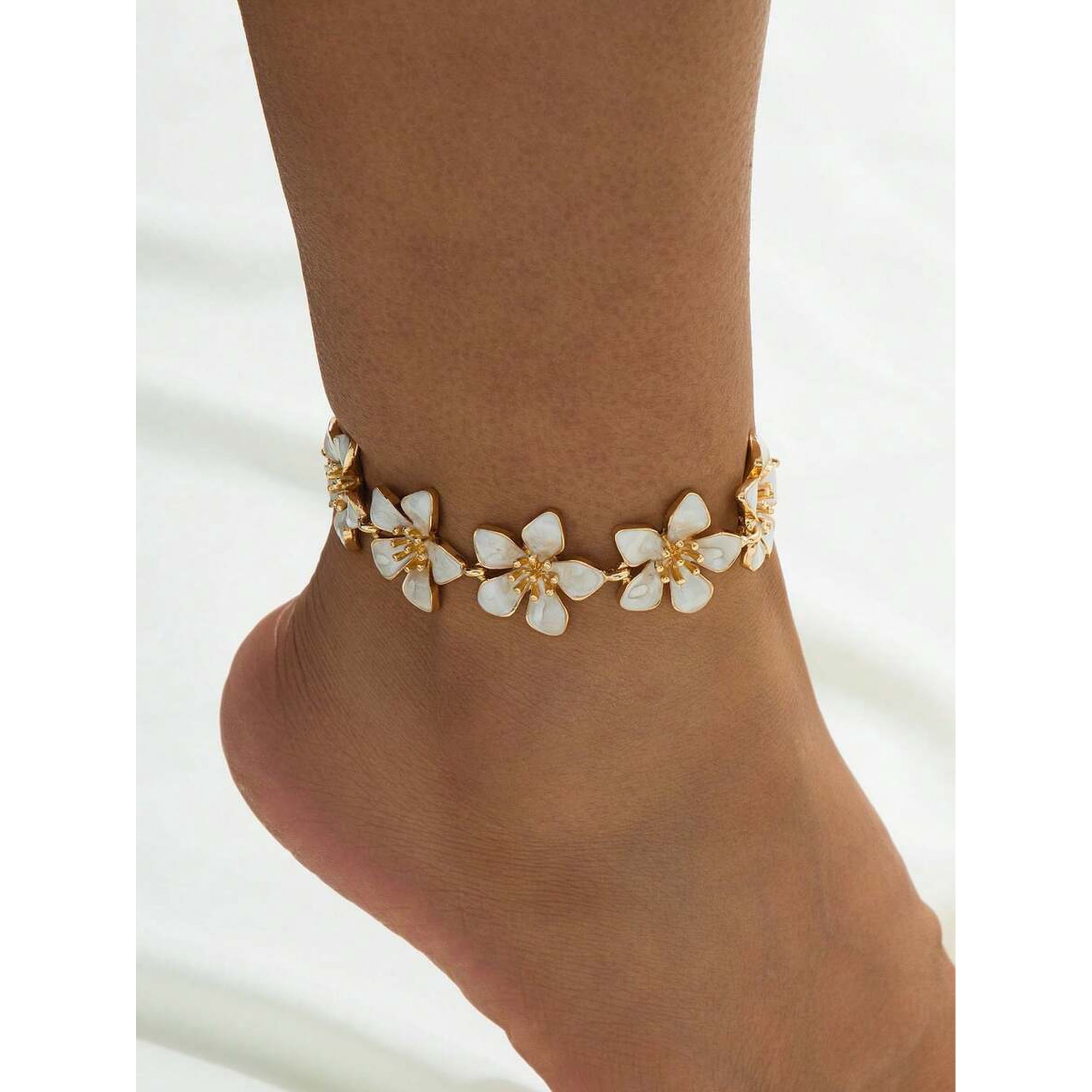White Floral Enamel Anklet With Goldtone Metal And Adjustable Chain