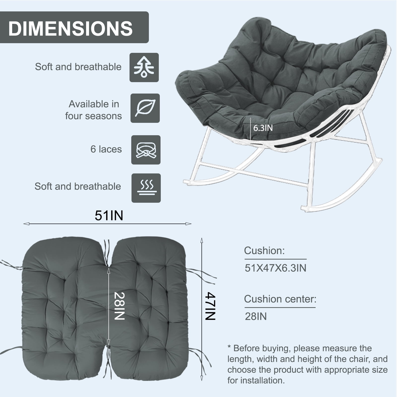 XXLYY Outdoor Rocking Chair Cushions – 6.3" Thick Waterproof Papasan Egg Chair Pad with Ties, Comfortable Round Seat Cushion for Living Room, Patio, Porch, or Balcony