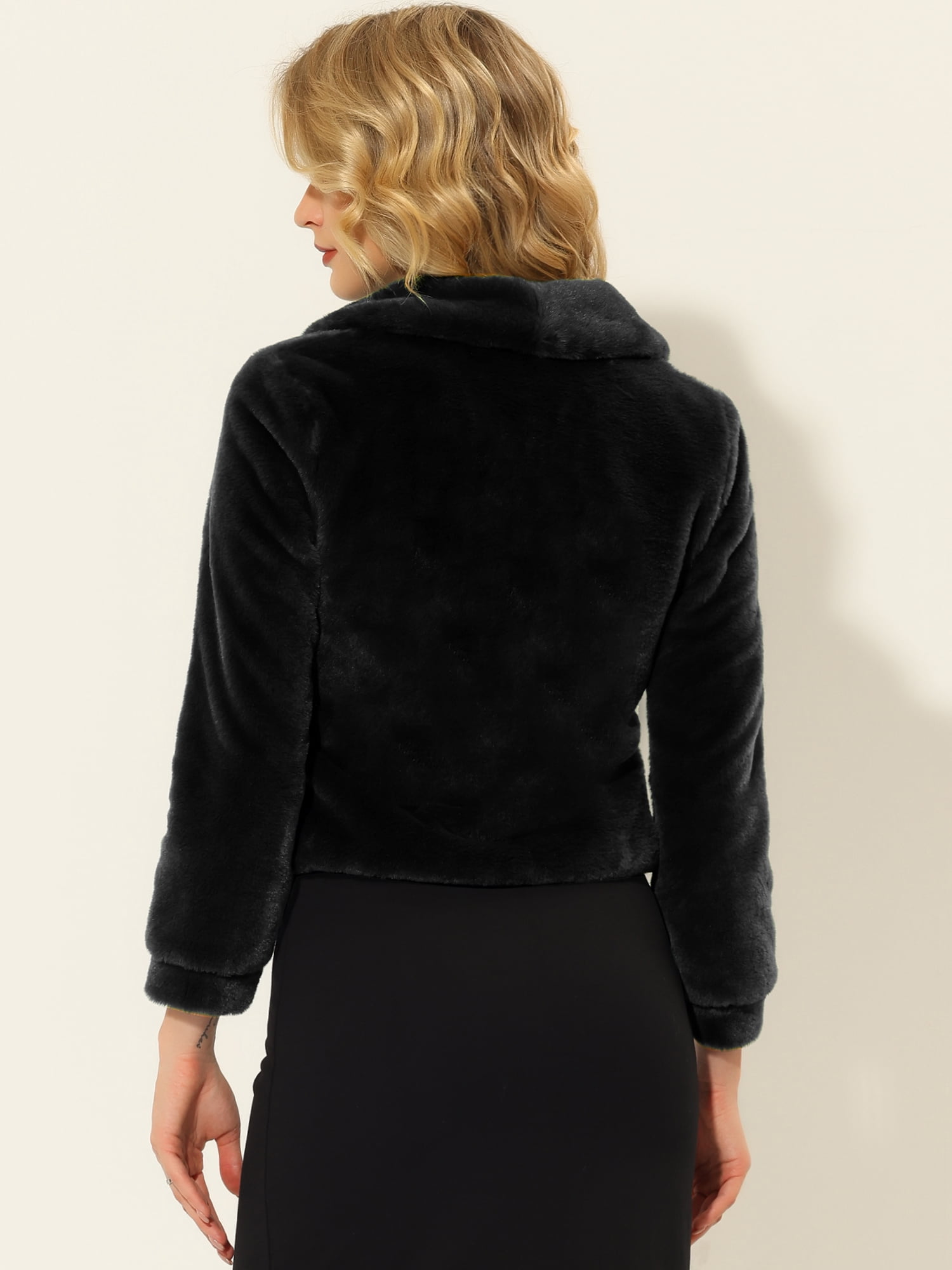 DARING DIVA Women's Notched Lapel Open Front Fleece Cropped Coat XL Black
