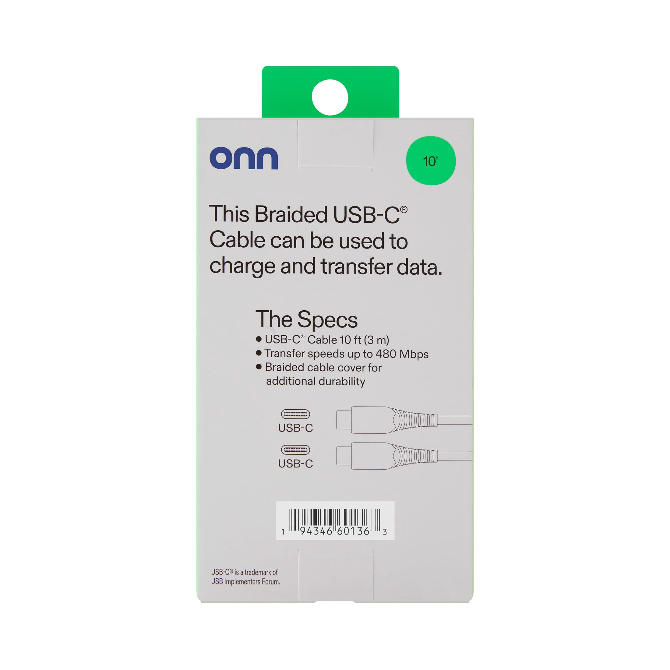 (5 pack) Onn 10ft USB-C to USB-C Braided Charging Cable, USB-IF Certified, White - Compatible with iPhone, Samsung, Pixel, iPad Pro