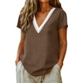 thumbnail image 2 of Cotton Linen Shirts for Women Summer Lace Trim V-Neck Tunic Tops Loose Fit Short Sleeve Tops Casual,Brown,L, 2 of 8