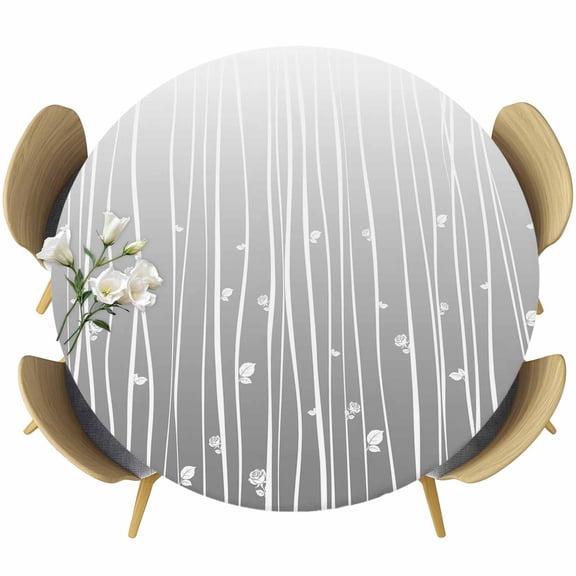 Gray Flower Round Tablecloth 55-60 Inch Round Fitted Table Cloth with Elastic Edge, Geometric Stripe Gradient Branch Minimalist Waterproof Table Cover Protector for Outdoor Picnic Party Dining