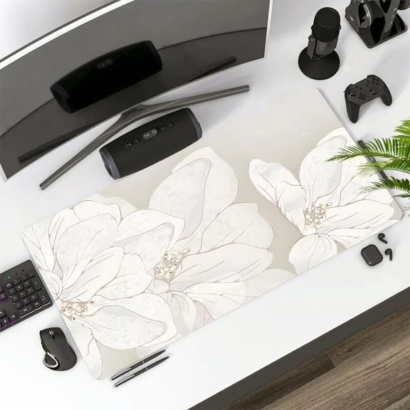 Extra Large Elegant White Lily Mouse Pad Minimalist Style Gaming Desk Pad Computer Keyboard Mousepad with Non-Slip Rubber Base and Durable Stitched Edge for Gift for Girlfriends and Women