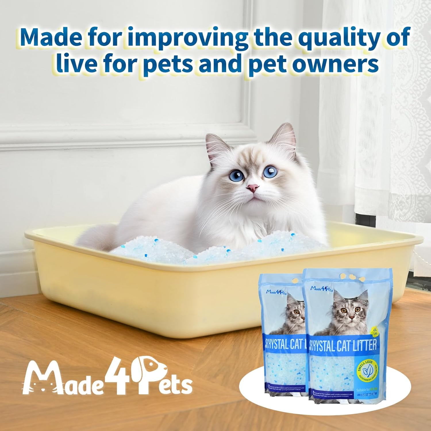 Made4Pets Cat Litter Crystals, Non Clumping No scooping Low Dust, Low Tracking, Lightweight, Dehydrates Waste, 2 Packs