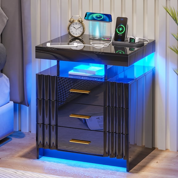 VKCC Modern 3-Drawer Nightstand with RGB LED & Charging Station, Bedside Table for Bedroom, Black