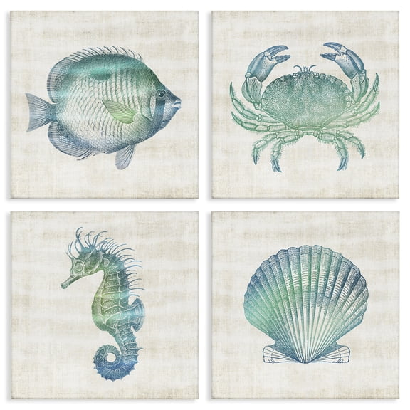 Stupell Industries Aquatic Sea Life Impressions Animals Painting Wrapped Canvas Canvas Art Print Wall Art, 17 x 17, Set of 4