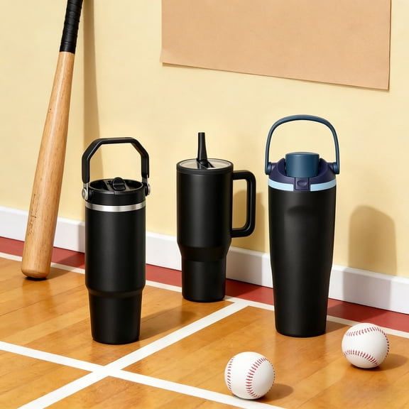 Coliware 3-Pack Stainless Steel Tumbler with Straw, Insulated 30/32 OZ Water Bottle with Handle, Leak-Proof Car Cup Holder Friendly Travel Mug for Home, Outdoor, Gym, Office-Black