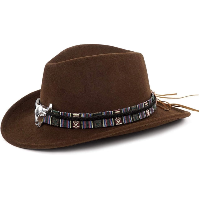 Sombrero de vaquero deformable unisex, sombrero de vaquera occidental, sombrero de vaquero para el interior del país, sombrero Fedora de ganadero con banda trenzada y calavera de toro