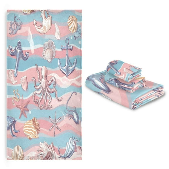 3 Pack Towel Set with Bath Towels, Hand Towels & Washcloths for Everyday Use Sea Life Elements