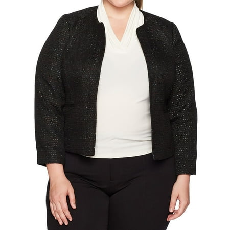 Nine West Womens Plus Tweed Sequin Open-Front Jacket