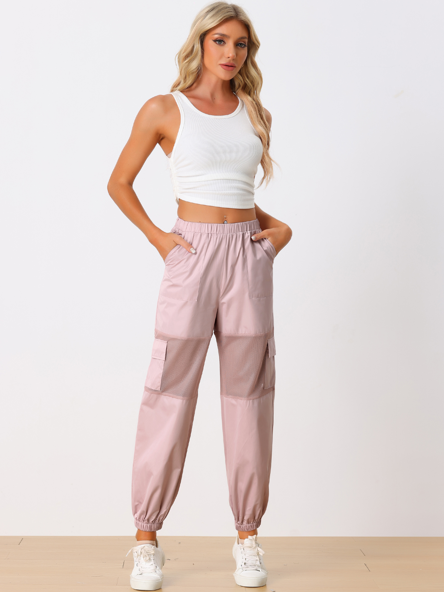 DARING DIVA Women's High Waist Mesh Panel Sheer Baggy Cargo Pants M Pink