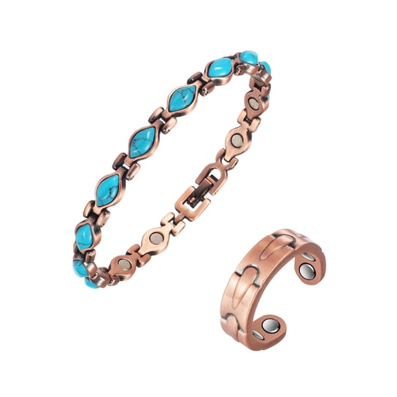 Metaljc Magnetic Copper Cuff Bracelet & Ring Set for Men and Women, Adjustable, Set of 2