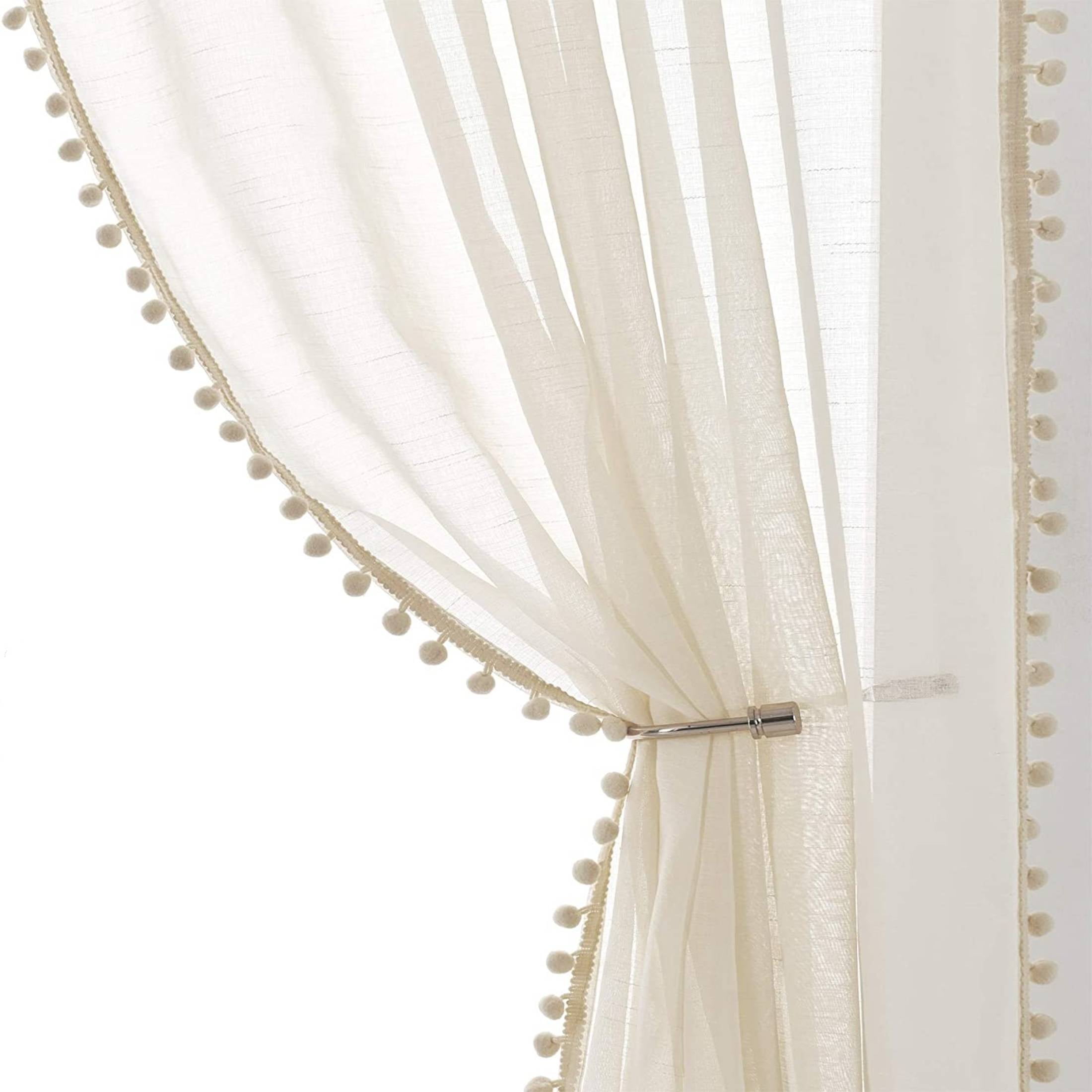 Exultantex Natural Linen Textured Sheer Curtain Panels with Decorative Pompom Trim for Living Room 52"W x 95"L,Rod Pocket,2pcs
