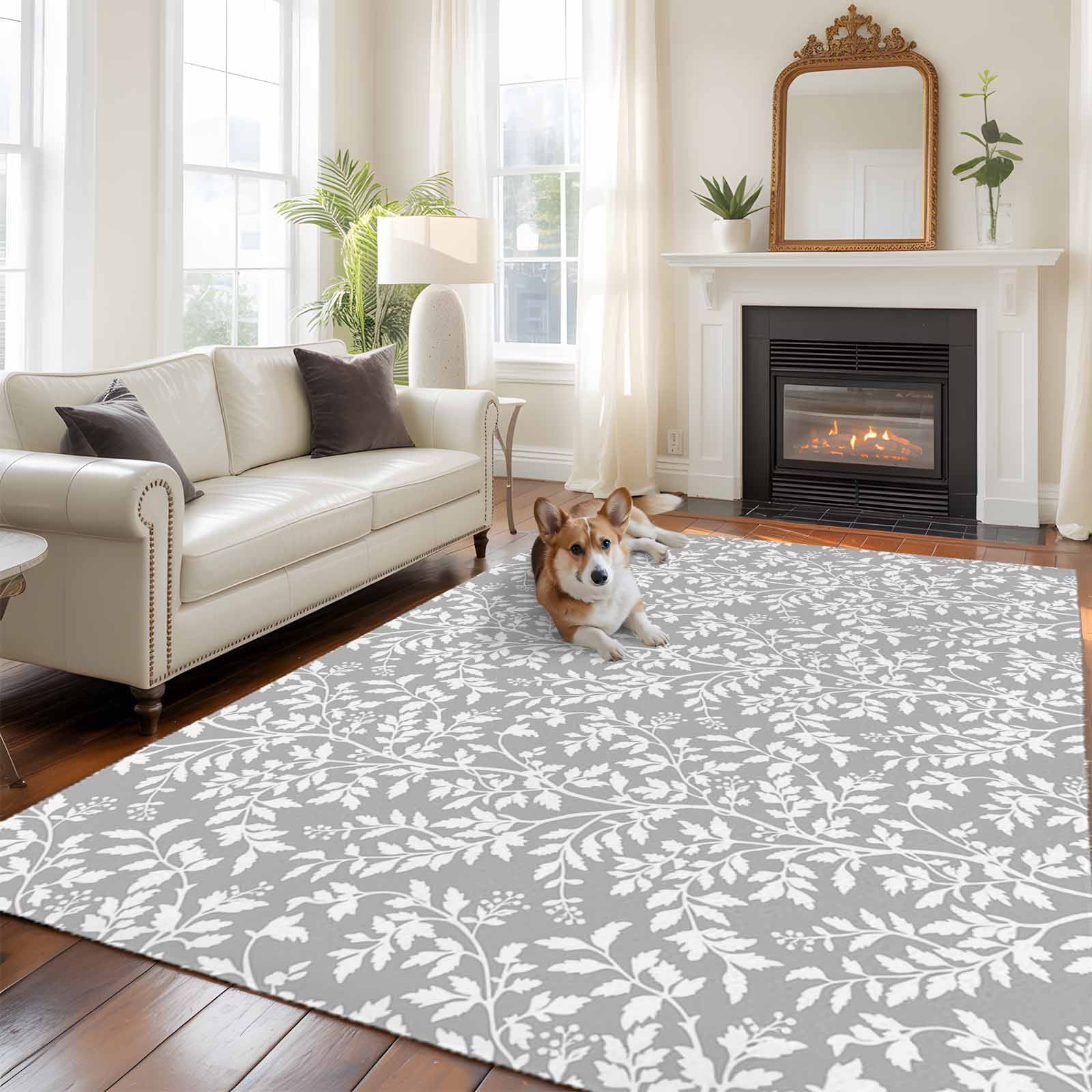 Large Area Rugs for Living Room Bedroom, Grey Spring Floral 8'x10' Rug Washable Carpet Runner Indoor Outdoor, Farmhouse Flowers Elegant Pastoral Non Slip Floor Mats Rug for Kitchen, Patio