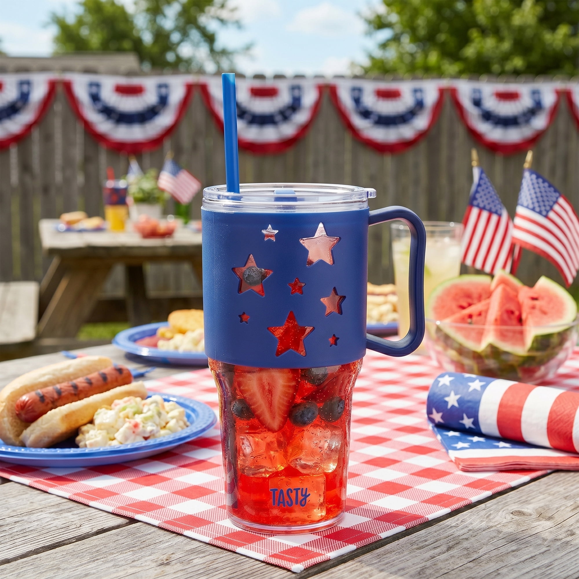 Tasty 40 oz Plastic Tumbler with Lid and Straw, Glow-in-the-Dark Handle, Stars Design, Royal Blue