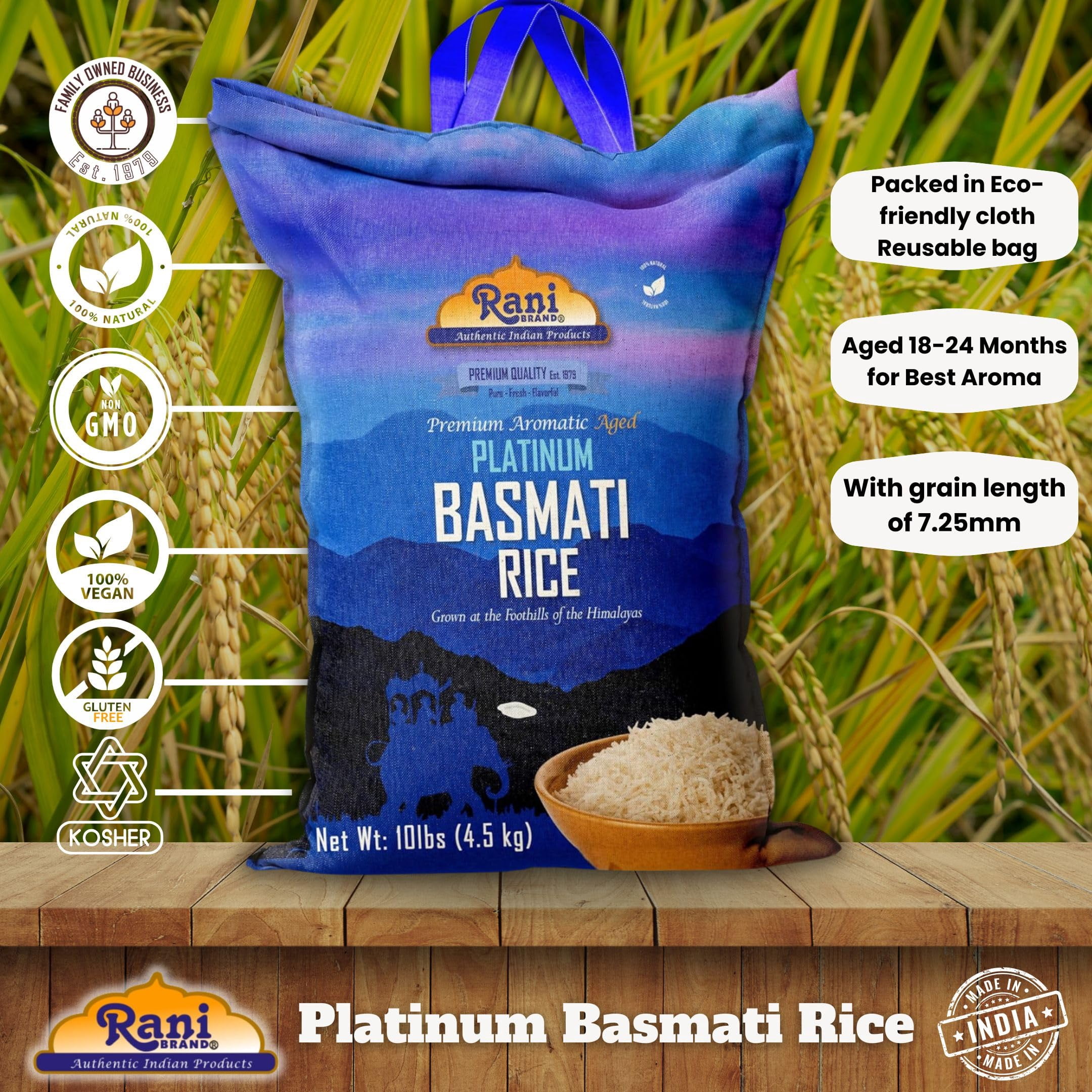 Rani Platinum White Basmati Rice Extra Long Aged 10-Pound Bag, 160oz (10lbs) 4.53kg ~ All Natural | Gluten Friendly | Vegan | Indian Origin | Kosher
