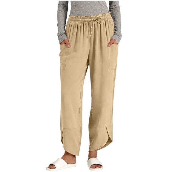 Bloomae Women Linen Palazzo Pants Lightweight Boho Wide Leg Elastic Waisted Casual Side Slit Capri Pant Loose Comfy Harem Lounge Trousers with Pockets Khaki S