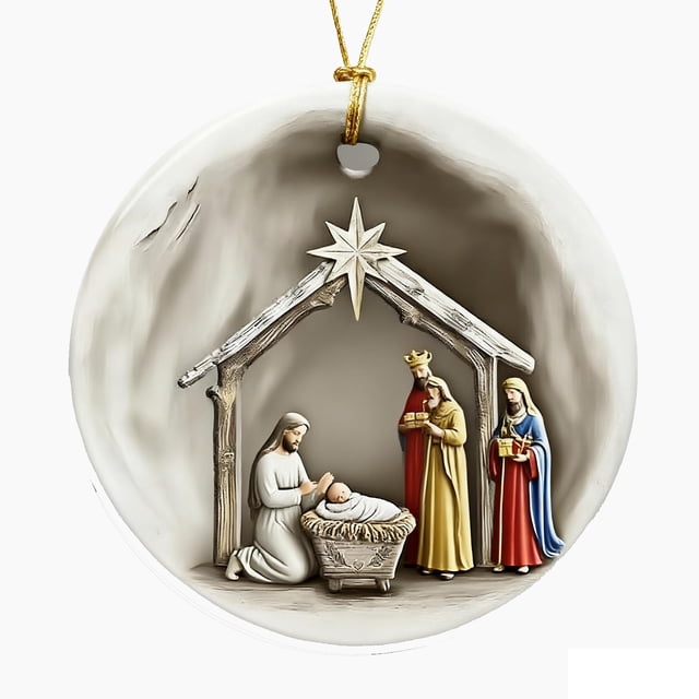 Christmas Tree Decorations Round Acrylic Nativity Hanging Ornaments 8cm Accent