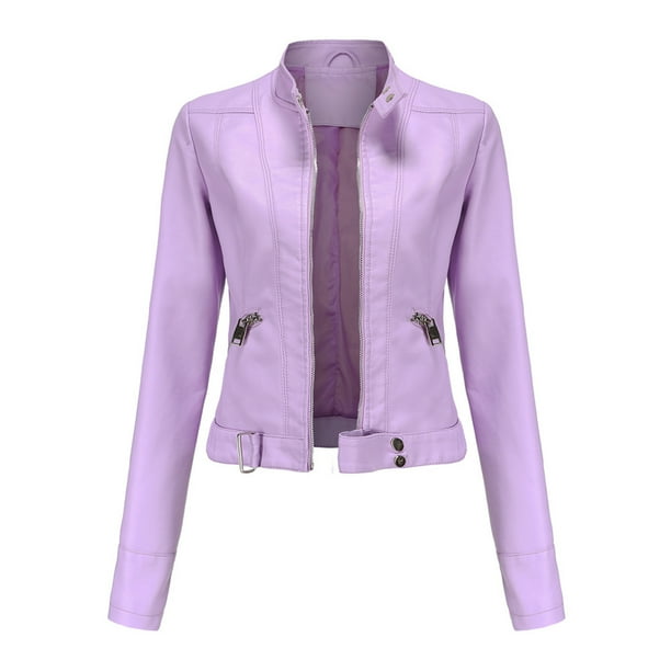 Puntoco Chaqueta de cuero delgada con cuello alto y cremallera para traje de motocicleta para mujer Puntoco Puntoco-5171