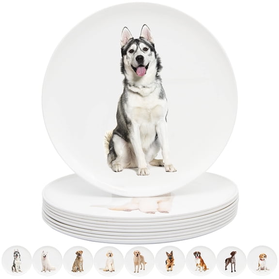 Youngever 10 Inch Plastic Plates, Large Plates, Dinner Plates, Set of 9 (Dog Theme)