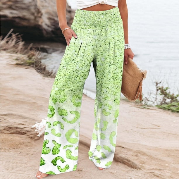 Puntoco Pantalones Rectos De Cintura Alta Con Bolsillo Y Cintura Elástica Elásticos Estampados No Posicionados Sueltos Informales Para Mujer Verde Xl