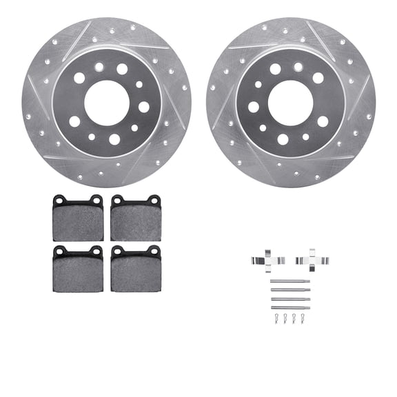Dynamic Friction Company Rear Brake Rotors-Drilled and Slotted-Silver with 5000 Euro Ceramic Brake Pads includes Hardware 7612-63007