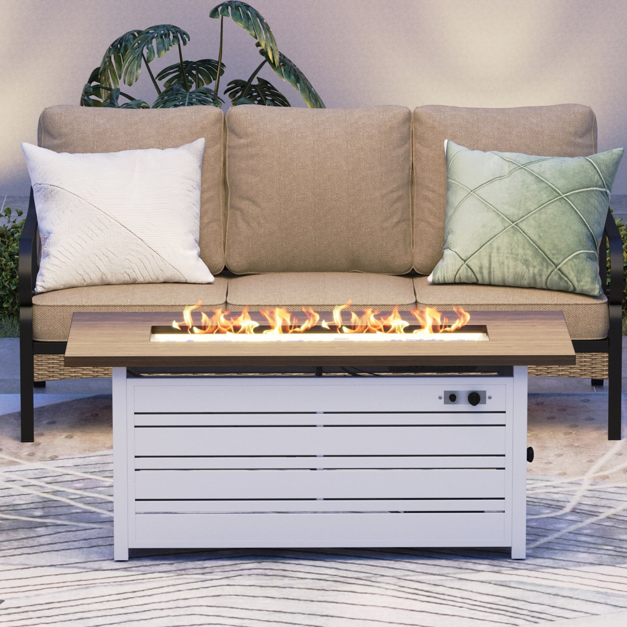 SUMMIT LIVING 56" Rectangular Propane Fire Pit Table, 50,000 BTU Gas Fire Pit with Lid and Blue Fire Glass, White