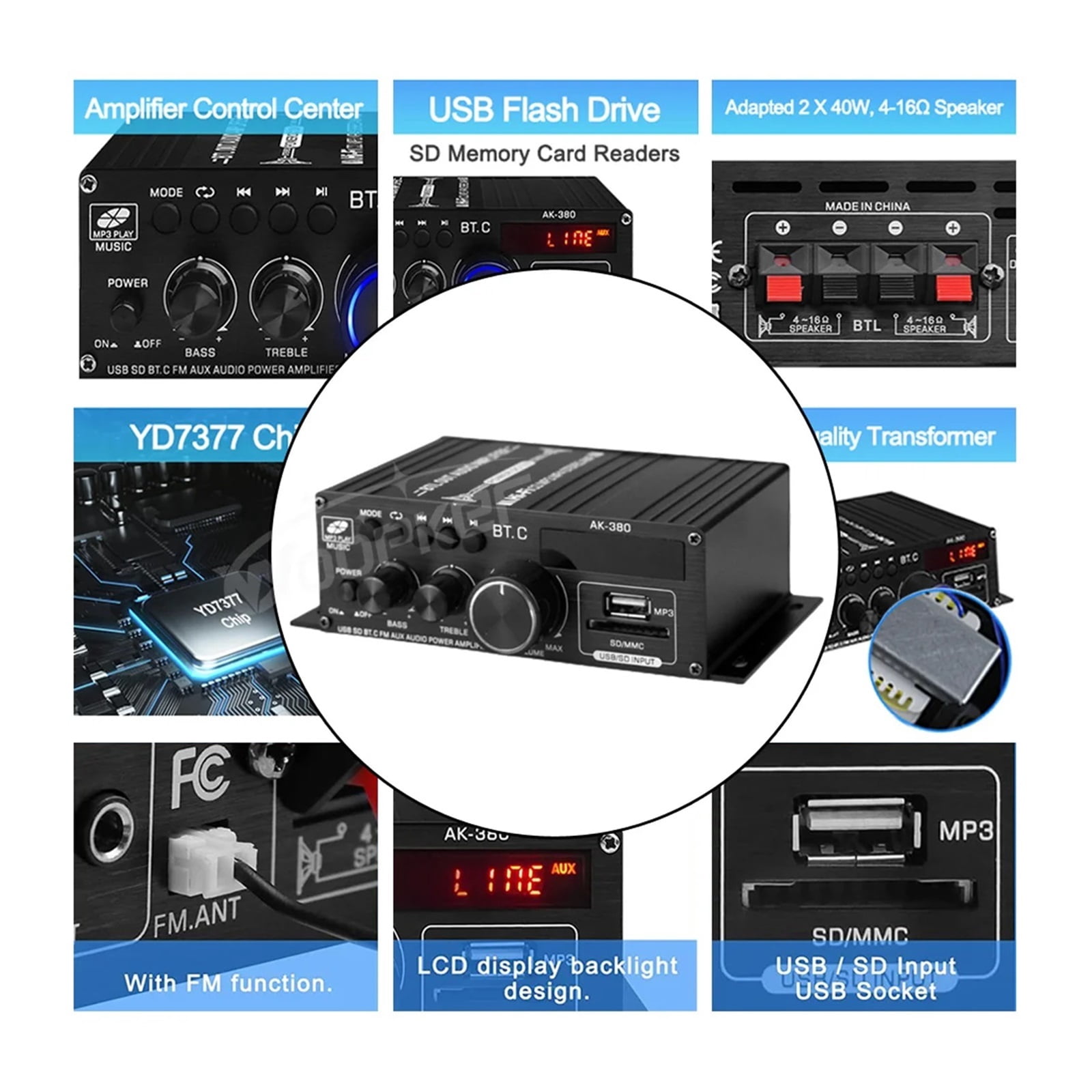 AK380 Digital Amplifier 800W Bluetooth Power AMP Hifi Bass FM Music Subwoofer Media Player Support USB AUX Input