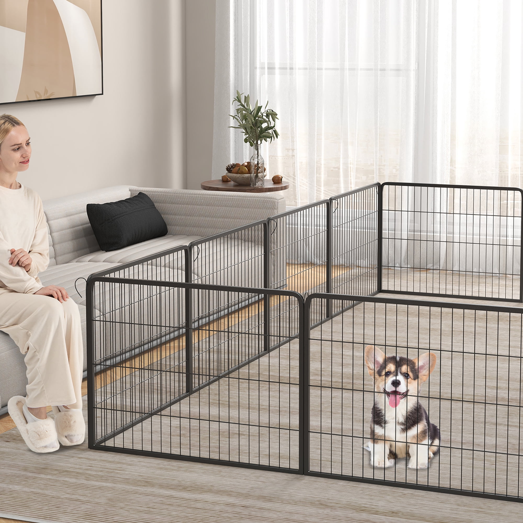 Gymax 16 Panel 24'' Height Pen Fence w/ Lock Indoor Outdoor Foldable Fencing Gate