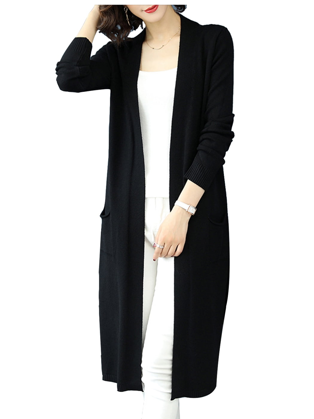 Blingfit Womens Long Sleeve Open Cardigan Mid Long Knit Cardigan Sweaters with Pockets 