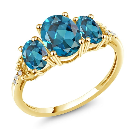 Gem Stone King 10K Yellow Gold London Blue Topaz and Diamond Accent 3-Stone Engagement Ring | 2.70 Cttw | Three Stone Wedding Anniversary Promise Ring for Women | Size 5-9.5