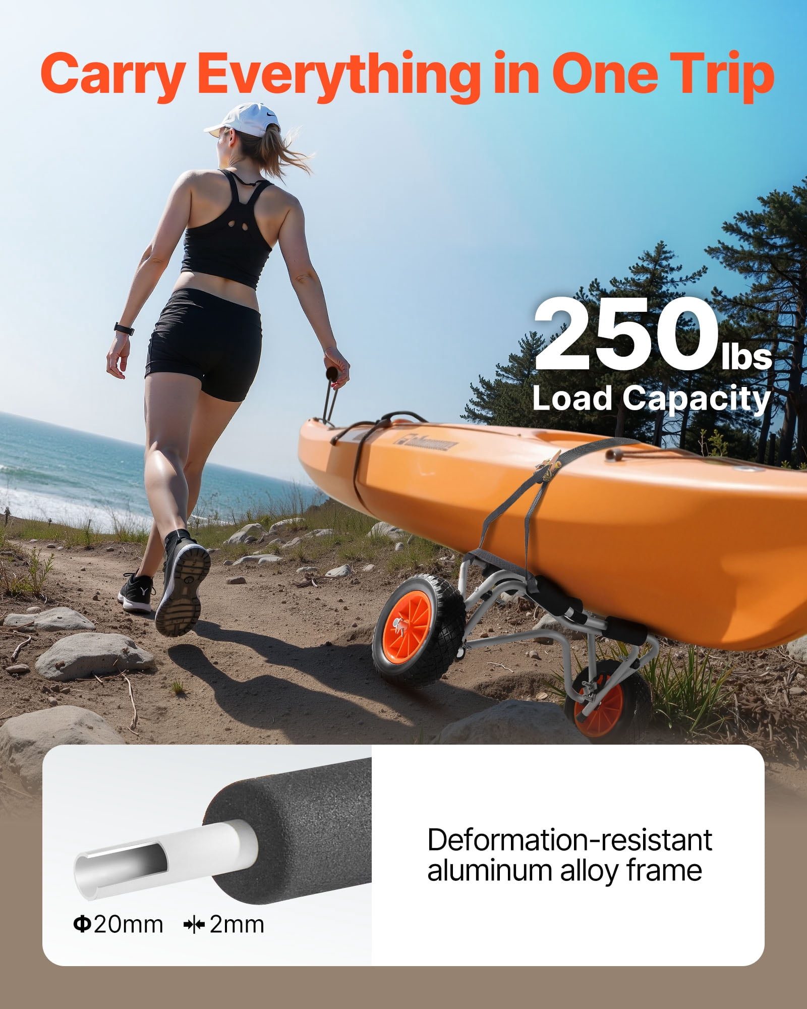 VEVOR Kayak Cart, 250 lbs Load Capacity, Foldable Kayak Trolley with 10-inch Solid Rubber Tires & 1 Ratchet Strap, Paddle Board Trolley for Carrying Kayaks, Canoes, Paddleboards, Float Mats,Jon Boats