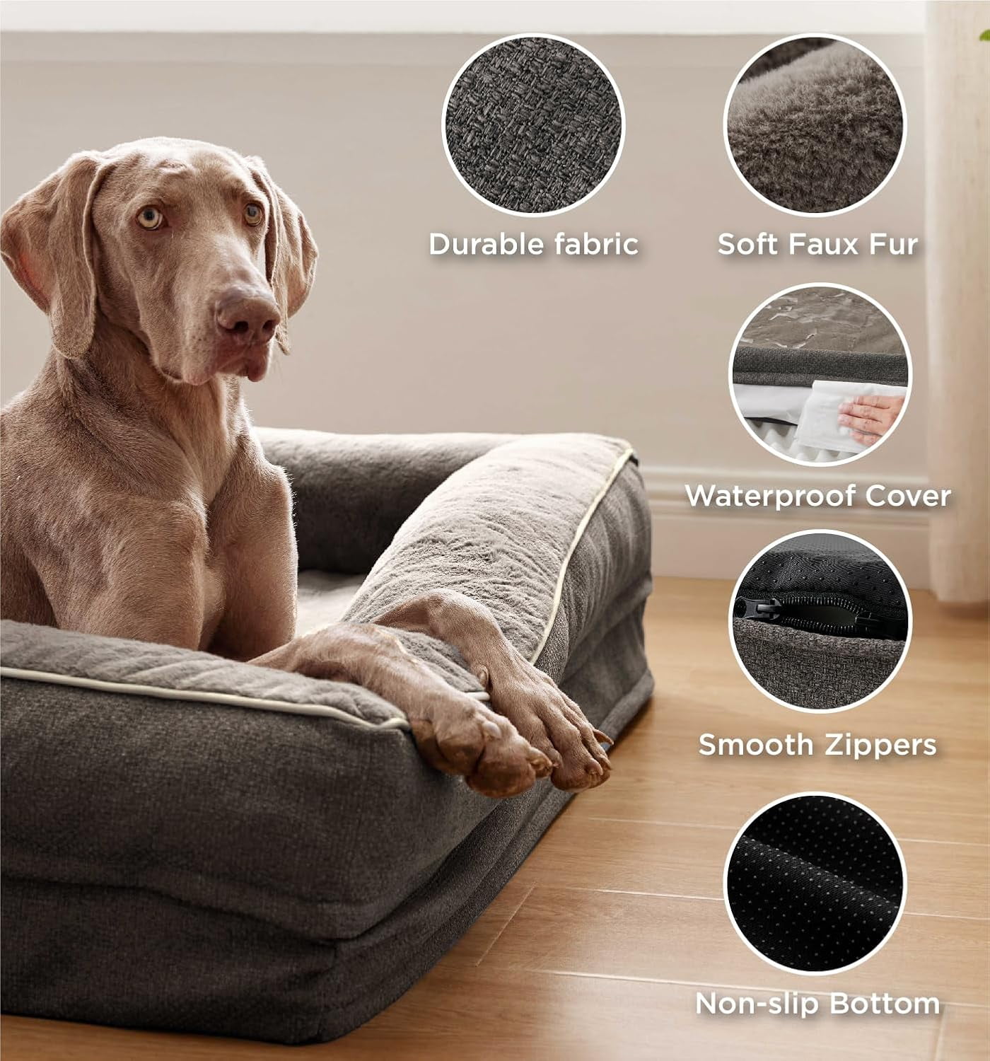 Orthopedic Dog Bed for Large Dogs, Supportive Foam Big Large Pet Bed Sofa with Washable Removable Cover, Waterproof Dog Couch Bed, Non-Slip Bottom and Egg-Crate Foam, Brown