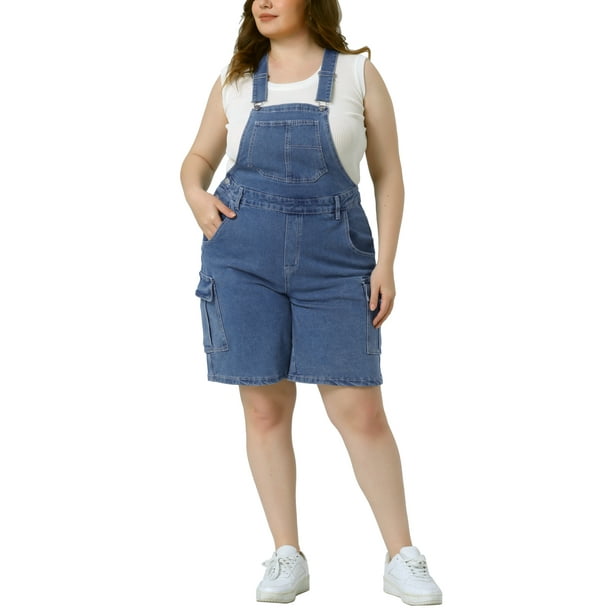 Shorts de tirantes ajustables para mujer GRACE & GRANDEUR, overoles de mezclilla con bolsillo cargo, talla 1X, color gris azul