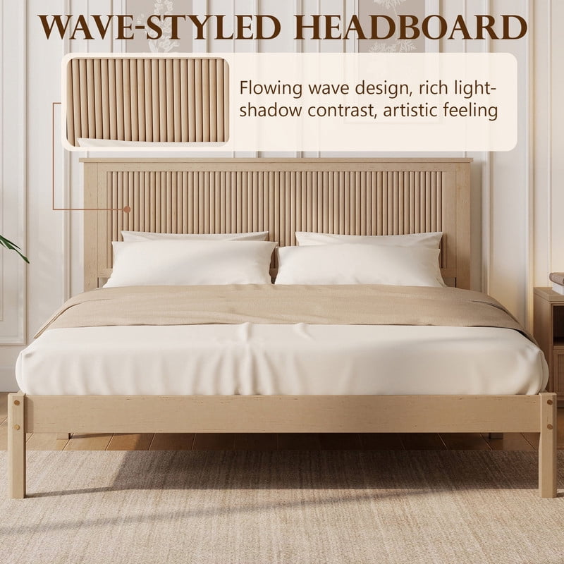 Queen Size Wood Bed Frame with Wave-Fluted Headboard, Low-Profile Platform Bed with Central Support Legs and Under-Bed Space