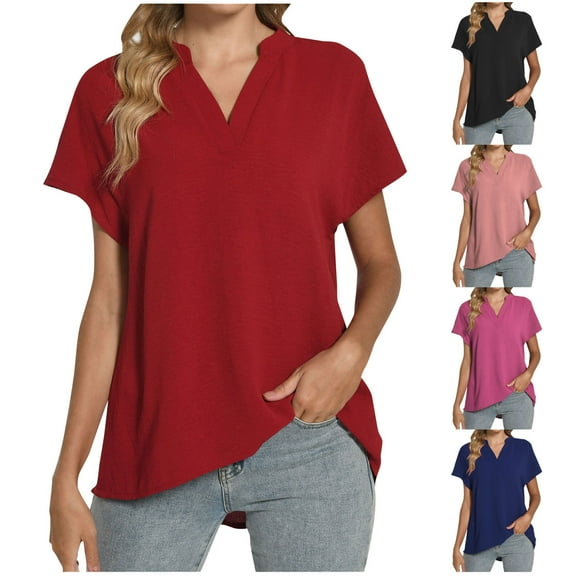 HVOBTTY Women's Summer Plus Size Fashion Solid Color Short Sleeve V Neck Linen Loose Breathable Versatile Daily Basic Soft Beach Tee Shirt Hot Pink, S