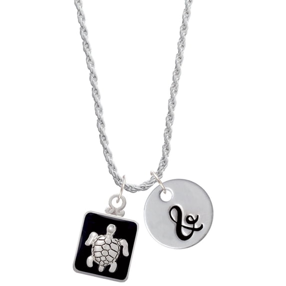 Delight Jewelry Silvertone Turtle on Black Frame Silvertone Script Initial Disc - & - Charm Necklace, 20"+3"