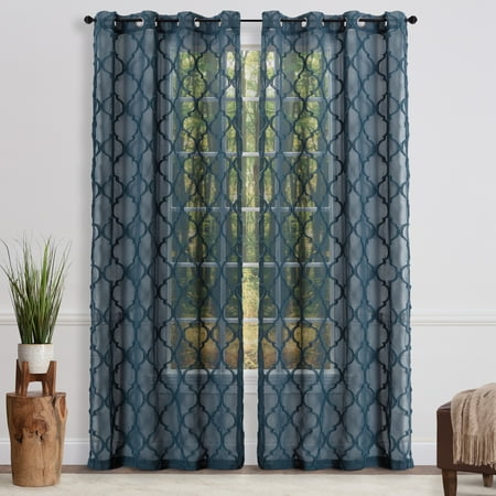 chanasya embroidered moroccan sheer grommet curtain panel set - dark blue