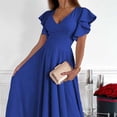 thumbnail image 3 of Vestido corto de manga con volantes para mujer, elegante, de Color puro, con cuello en V, cintura fruncida, vestido a media pierna para el trabajo, 3 of 5
