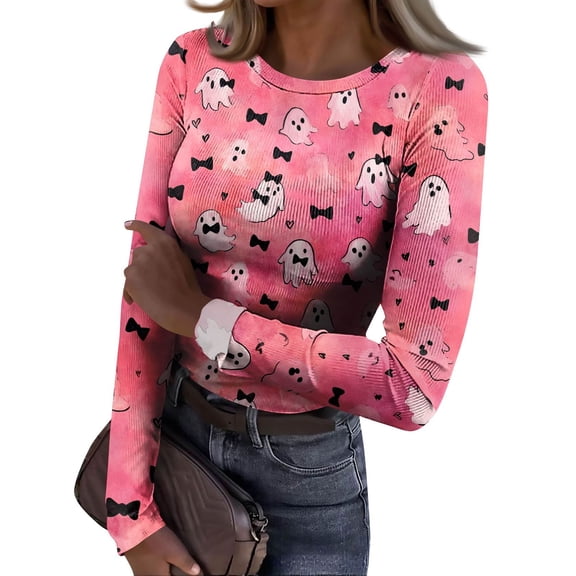 Satingcolo Halloween Shirts for Women Long Sleeve Crew Neck Slim Fitted Basic Top Funny Ghost Bat Pumpkin Graphic Ribbed Shirts Hot Pink XL