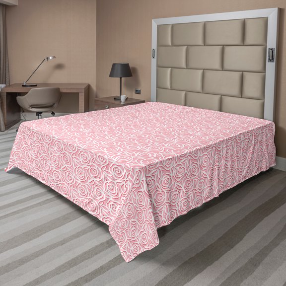 Ambesonne Floral Flat Sheet, Roses with Motifs Romantic, California King, Pale Pink Dark Coral