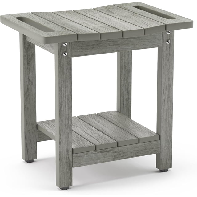 HDPS Shower Chair for Inside Shower, Shower Stool with Towel Rack & Storage Shelf - Waterproof, Non-Slip, Handles - Indoor/Outdoor Shower Bench, Light Gray-Oil Printed