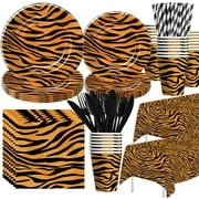 Tiger print safari jungle theme birthday party tableware set with animal print designs on plates and cups for 24.