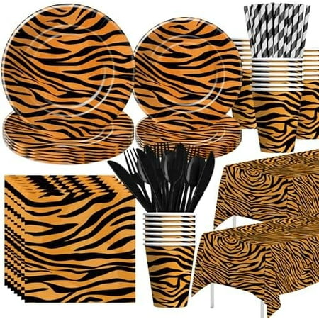 Tiger print safari jungle theme birthday party tableware set with animal print designs on plates and cups for 24.