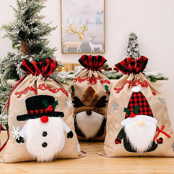 3pcs Sac Cadeau Pour La Nouvelle Dcoration De Nol, Vieux Bonhomme De Neige, Cerf, Lin Carreaux, Sac Cadeau Pour L'ambiance Des Ftes, Fournitures De D