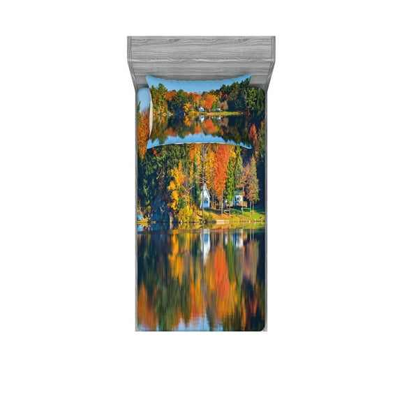 Ambesonne Landscape Fitted Sheet & Pillow Sham Set, Lake House in Autumn, Twin, Multicolor