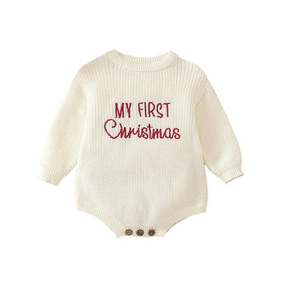 Rdhnmea Baby Christmas Sweater Romper Letter Embroidery Long Sleeve Crew Neck Knit Bubble Jumpsuit Xmas Outfits